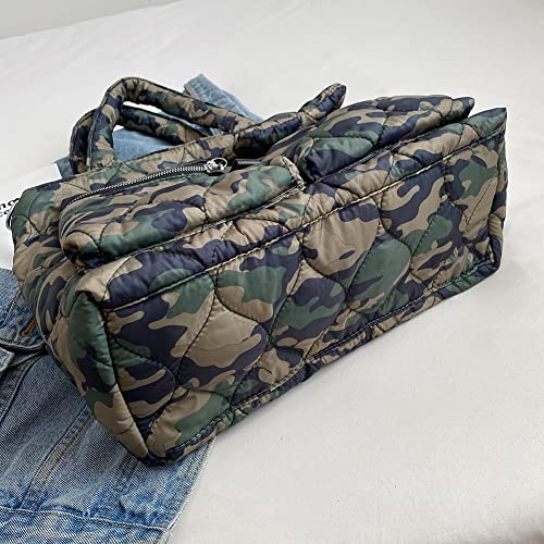 AZURAOKEY Puffer Tote Bag for Women, Autumn Winter Down Padded Shoulder Bags Large Capacity Casual Quilted Shoulder Bags Zipper Pocket Cotton Pouch for Shopping-Camouflage