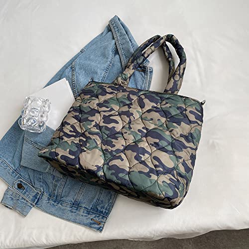 AZURAOKEY Puffer Tote Bag for Women, Autumn Winter Down Padded Shoulder Bags Large Capacity Casual Quilted Shoulder Bags Zipper Pocket Cotton Pouch for Shopping-Camouflage