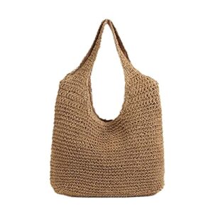 women shoulder paper woven female handbags large capacity summer beach straw bags casual tote purses brown