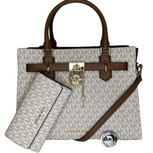 MICHAEL Michael Kors Hamilton MD Satchel bundled with Trifold Wallet and Purse Hook (Signature MK Vanilla/MK Vanilla)