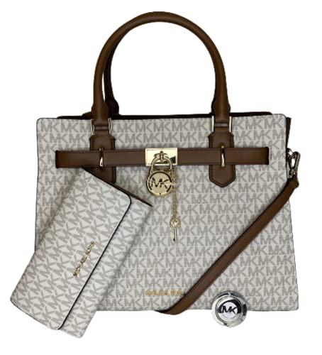 MICHAEL Michael Kors Hamilton MD Satchel bundled with Trifold Wallet and Purse Hook (Signature MK Vanilla/MK Vanilla)