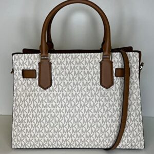 MICHAEL Michael Kors Hamilton MD Satchel bundled with Trifold Wallet and Purse Hook (Signature MK Vanilla/MK Vanilla)