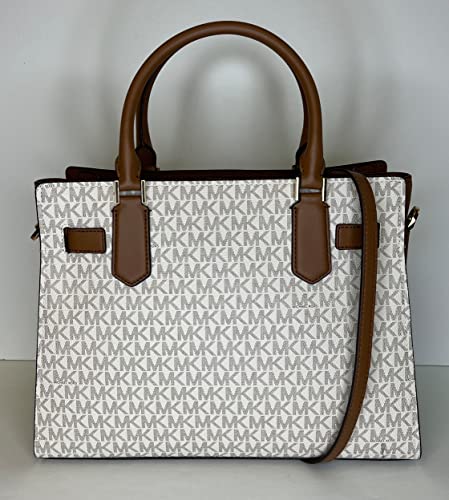 MICHAEL Michael Kors Hamilton MD Satchel bundled with Trifold Wallet and Purse Hook (Signature MK Vanilla/MK Vanilla)