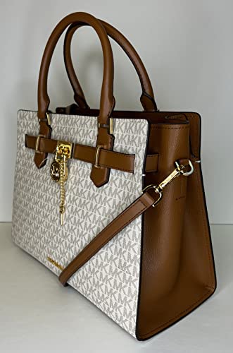 MICHAEL Michael Kors Hamilton MD Satchel bundled with Trifold Wallet and Purse Hook (Signature MK Vanilla/MK Vanilla)