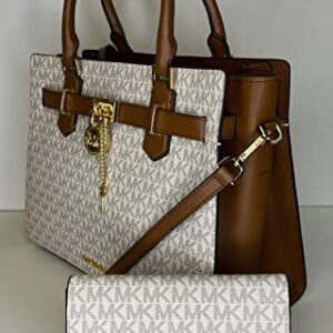 MICHAEL Michael Kors Hamilton MD Satchel bundled with Trifold Wallet and Purse Hook (Signature MK Vanilla/MK Vanilla)