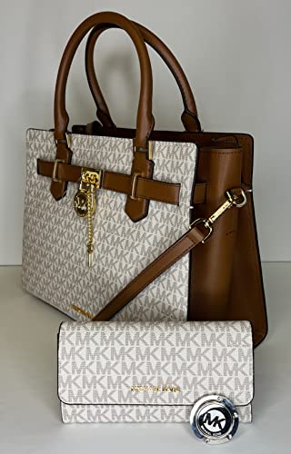 MICHAEL Michael Kors Hamilton MD Satchel bundled with Trifold Wallet and Purse Hook (Signature MK Vanilla/MK Vanilla)