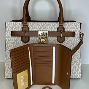 MICHAEL Michael Kors Hamilton MD Satchel bundled with Trifold Wallet and Purse Hook (Signature MK Vanilla/MK Vanilla)