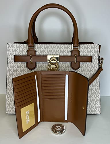 MICHAEL Michael Kors Hamilton MD Satchel bundled with Trifold Wallet and Purse Hook (Signature MK Vanilla/MK Vanilla)