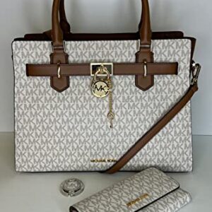 MICHAEL Michael Kors Hamilton MD Satchel bundled with Trifold Wallet and Purse Hook (Signature MK Vanilla/MK Vanilla)