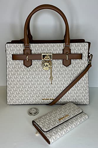 MICHAEL Michael Kors Hamilton MD Satchel bundled with Trifold Wallet and Purse Hook (Signature MK Vanilla/MK Vanilla)