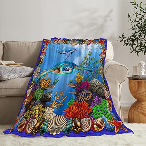 Sea Turtle Blanket Super Soft Cozy Ocean Sea Turtle Seashell Starfish Fleece Throw Blanket Warm Fuzzy Plush Sea Turtle Decor Bedding Blanket Gifts for Women Kids 40"X50"