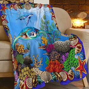 Sea Turtle Blanket Super Soft Cozy Ocean Sea Turtle Seashell Starfish Fleece Throw Blanket Warm Fuzzy Plush Sea Turtle Decor Bedding Blanket Gifts for Women Kids 40"X50"