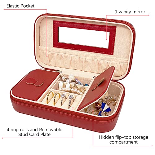 Soddeph Small Jewelry Box, Portable Mini Travel Jewelry Case Storage Organizer, PU Leather Double Layer Jewellery Organizer for Women and Girls Gift (Red)