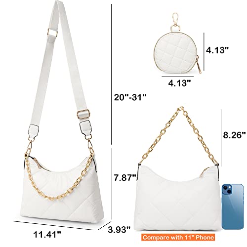 Herald Quilted Puffer Hobo Crossbody Bag for Women, Lightweight Shoulder Side Handbag with Chain Strap & Coin Purse Pouch (White)