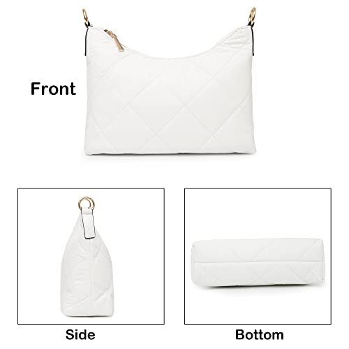 Herald Quilted Puffer Hobo Crossbody Bag for Women, Lightweight Shoulder Side Handbag with Chain Strap & Coin Purse Pouch (White)