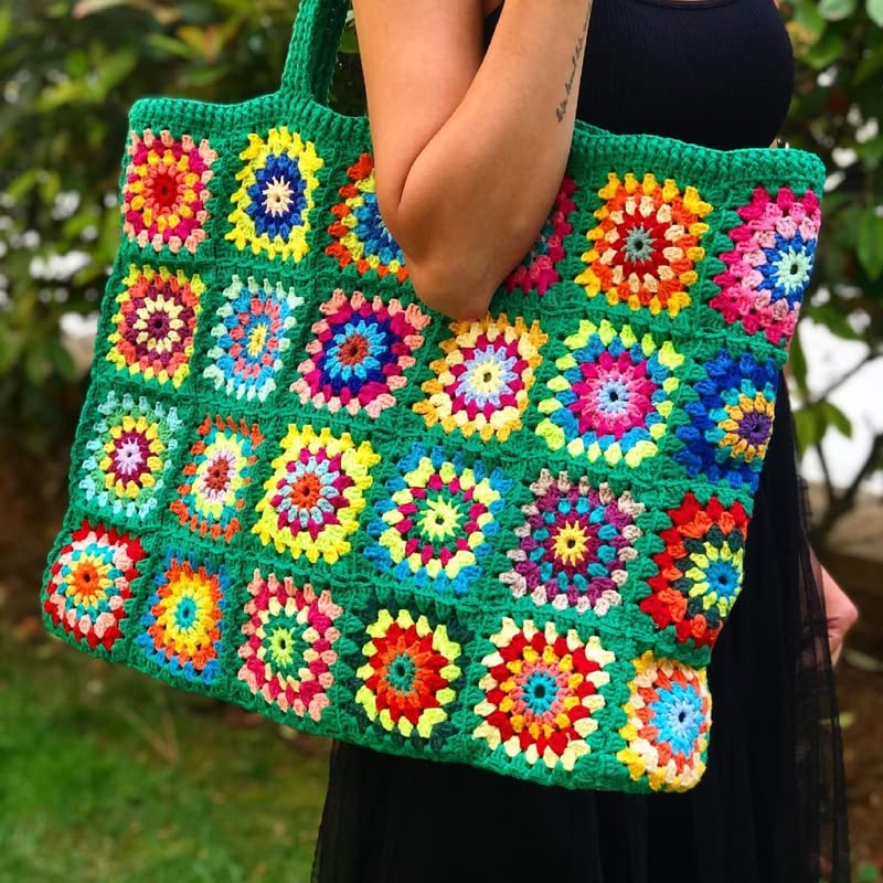Granny Square Crochet Colorful Tote With Large Capacity And Classic Retro Ladies Handbag Purse Big Bags Women EN8