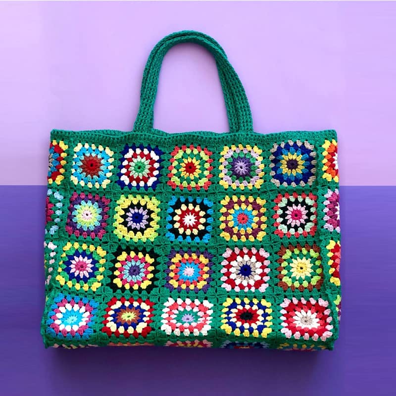 Granny Square Crochet Colorful Tote With Large Capacity And Classic Retro Ladies Handbag Purse Big Bags Women EN8