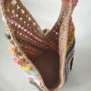 Colorful Striped Crochet Women Shoulder Bags Handmade Knitted Large Tote Bag Woolen Woven Lady Handbags Purse Khaki