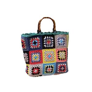 colorful granny square with bamboo handles vintage rainbow crochet handbag handmade purse bag 70’ style en8