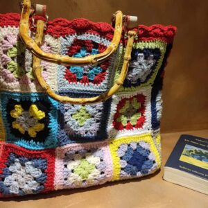 Colorful Granny Square With Bamboo Handles Vintage Rainbow Crochet Handbag Handmade Purse Bag 70’ Style EN8