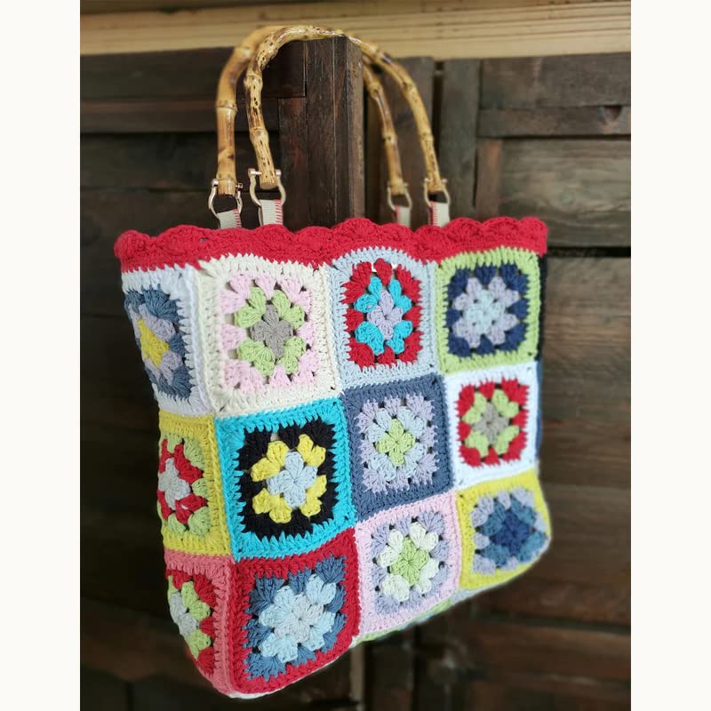 Colorful Granny Square With Bamboo Handles Vintage Rainbow Crochet Handbag Handmade Purse Bag 70’ Style EN8