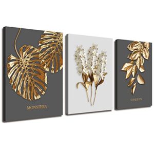 gray and gold boho abstract wall art 3 pieces modern stretched and framed white flower gold leaf canvas paintings for living room home office and bedroom bathroom wall decor canvas size: 12″x16″x3