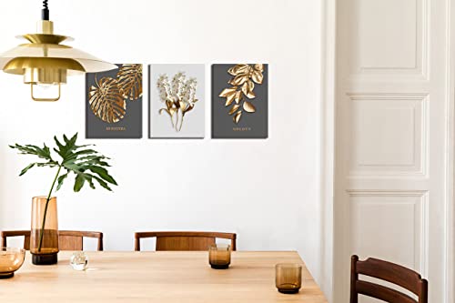 Gray and Gold boho Abstract Wall Art 3 Pieces Modern Stretched and Framed White Flower Gold Leaf Canvas Paintings for Living Room Home Office and Bedroom Bathroom Wall Decor Canvas Size: 12"x16"x3