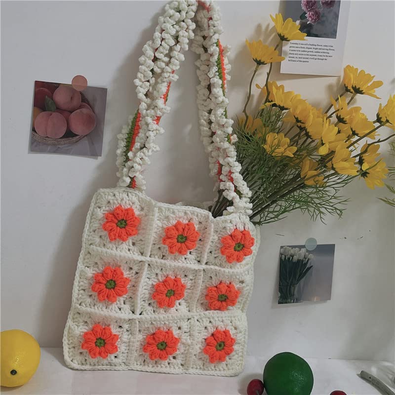 Yarn Hand-Knitted Diy Knitted Material Wool Small Daisy The Same Crochet Threads Women Shoulder Bag Cute Handbags blue daisy diy