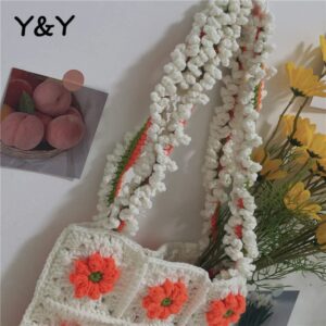 Yarn Hand-Knitted Diy Knitted Material Wool Small Daisy The Same Crochet Threads Women Shoulder Bag Cute Handbags blue daisy diy