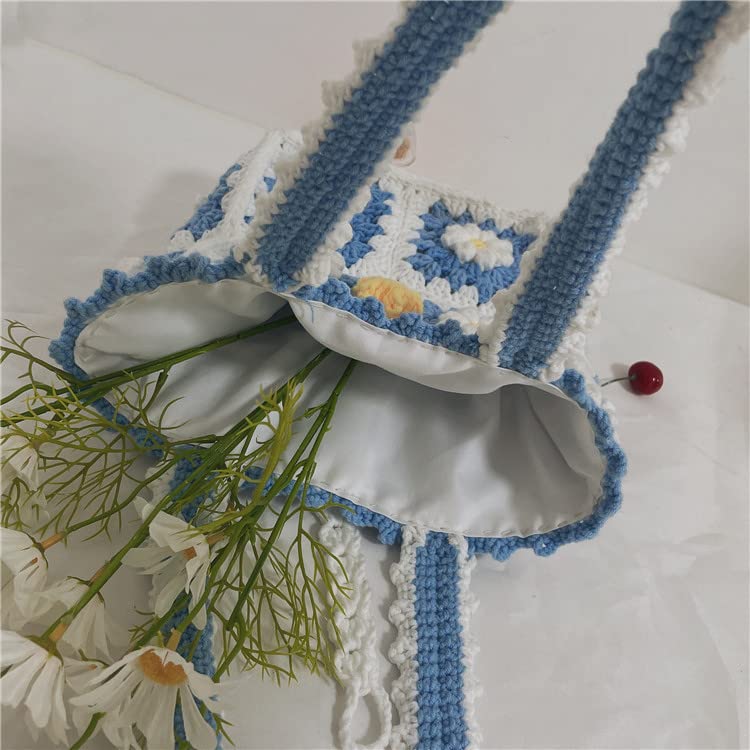 Yarn Hand-Knitted Diy Knitted Material Wool Small Daisy The Same Crochet Threads Women Shoulder Bag Cute Handbags blue daisy diy