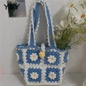 Yarn Hand-Knitted Diy Knitted Material Wool Small Daisy The Same Crochet Threads Women Shoulder Bag Cute Handbags blue daisy diy