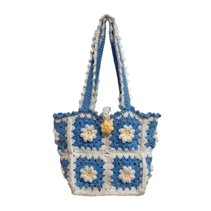 Yarn Hand-Knitted Diy Knitted Material Wool Small Daisy The Same Crochet Threads Women Shoulder Bag Cute Handbags blue daisy diy