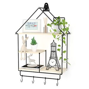 tikea floating shelves, house-shaped wall mounted shelves for storage, modern farmhouse hanging shelf with metal frames and addition hooks for living room bedroom bathroom entryway decor