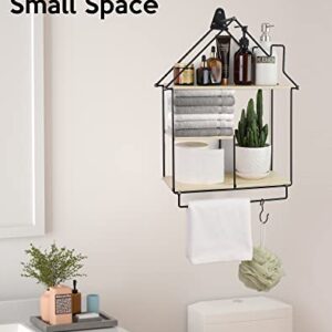 Tikea Floating Shelves, House-Shaped Wall Mounted Shelves for Storage, Modern Farmhouse Hanging Shelf with Metal Frames and Addition Hooks for Living Room Bedroom Bathroom Entryway Decor