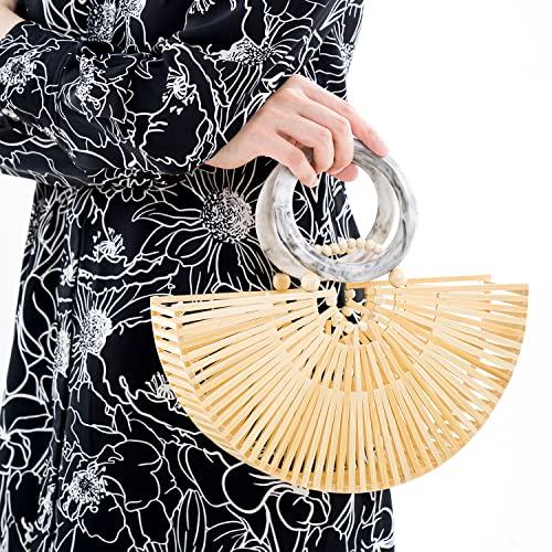 Popmazing Bamboo Handbag Semicircular Bag With Stone Strap Women Gifts For Her On Birthday - Summer Straw Bags, Handmade Tote Bag - Wooden Beach Purses Basket Handle Handbags For Summer Beach