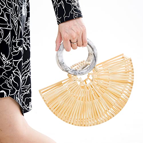 Popmazing Bamboo Handbag Semicircular Bag With Stone Strap Women Gifts For Her On Birthday - Summer Straw Bags, Handmade Tote Bag - Wooden Beach Purses Basket Handle Handbags For Summer Beach