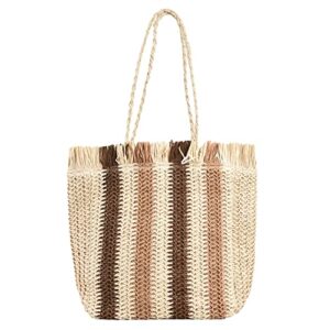 Straw Woven Shoulder Bag Stripes Handmade Summer Beach Top-Handle Handbag Travel Holiday Women Vacation Totes Beige