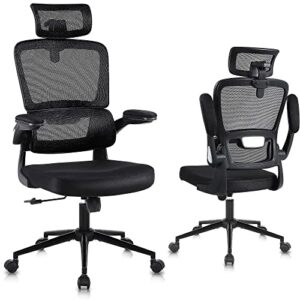 flysky ergonomic office chair breathable mesh home office desk chair, comfy computer chair with lumbar support, headrest and flip-up arms, executive chair, adjustable height swivel task chair