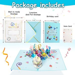 Gradient Mode Birthday Card, Musical Birthday Cards with Light and Music, Blowable Candle 3D Birthday Pop Up Cards, Blow Out LED Candle, Light Show and Play Happy Birthday Song For Women Men (Blue)