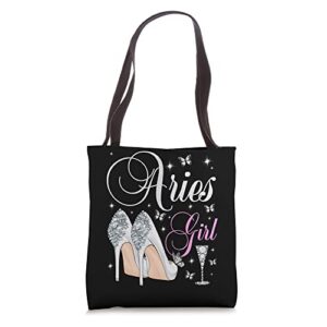 aries girl march april birthday party zodiac tote bag