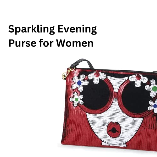 PGI Traders Pretty Woman Sequined Red Clutch | Sparkling Evening Purse for Women | Vegan Leather | Large Handbag | Detachable Shoulder Strap