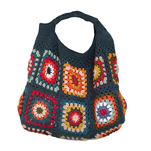 Navy Granny Square Bag Hippie Classic Handmade Crochet Vintage Shoulder Tote Bags For Winter Navy