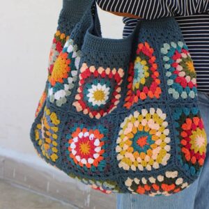 Navy Granny Square Bag Hippie Classic Handmade Crochet Vintage Shoulder Tote Bags For Winter Navy