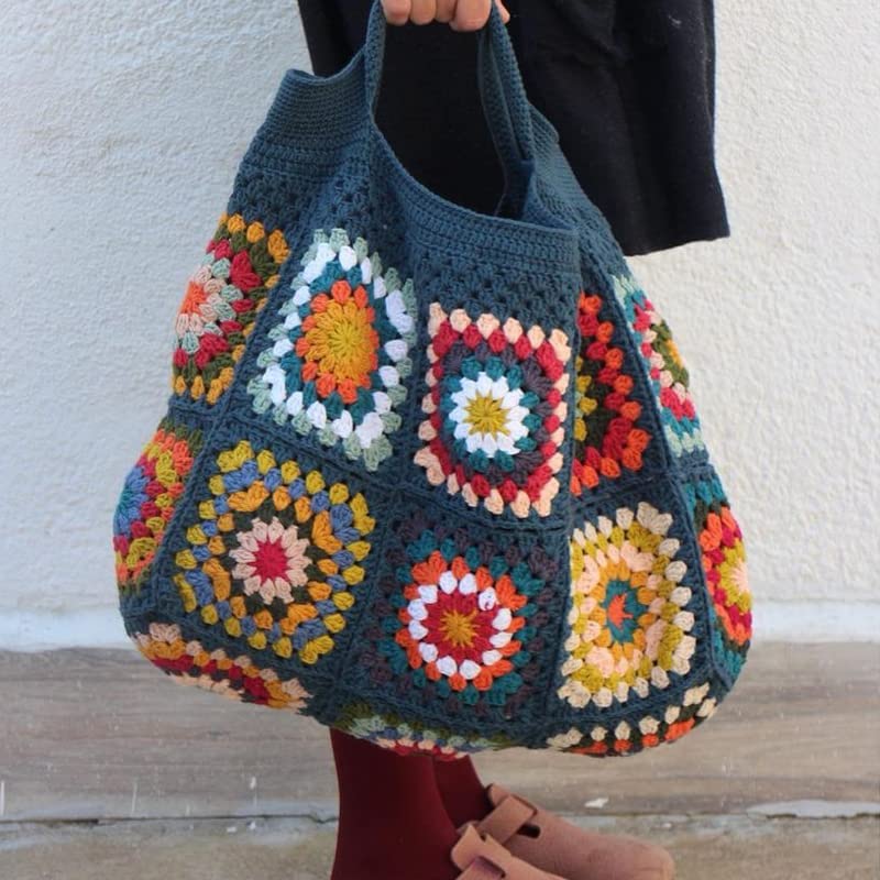 Navy Granny Square Bag Hippie Classic Handmade Crochet Vintage Shoulder Tote Bags For Winter Navy