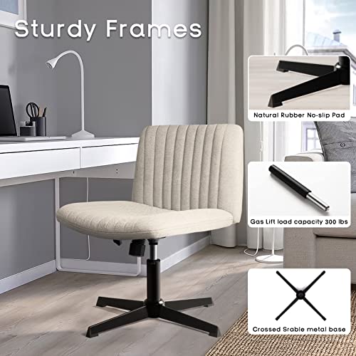 PUKAMI Armless Office Desk Chair No Wheels,Fabric Padded Modern Swivel Vanity Chair,Height Adjustable Wide Seat Computer Task Chair for Home Office,Mid Back Accent Chair (Beige)