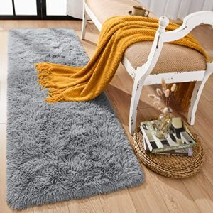 rtizon soft shag runner rug for bedroom, 2×6 feet fluffy rugs with non-slip bottom for hallway bedside living room dorm, furry area rug for indoor home decor, grey