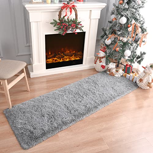 Rtizon Soft Shag Runner Rug for Bedroom, 2x6 Feet Fluffy Rugs with Non-Slip Bottom for Hallway Bedside Living Room Dorm, Furry Area Rug for Indoor Home Decor, Grey