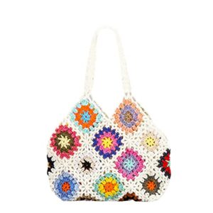 Bohemian Crochet Women Bags Plaid Lady Handbags Handmade Woven Knitted Summer Beach Bag Small Tote Bali Purses White