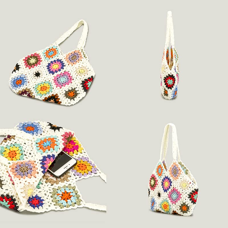 Bohemian Crochet Women Bags Plaid Lady Handbags Handmade Woven Knitted Summer Beach Bag Small Tote Bali Purses White