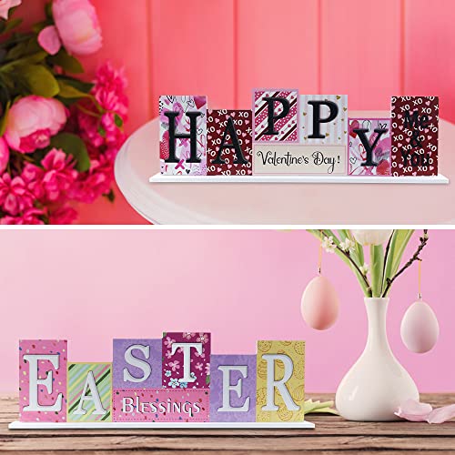 Easter Decorations, DECSPAS Double Sided Wooden Sign Valentines Easter Decor, Decorative Wood Block Set Easter Decorations for the Home, Living Room, Mantle, Dining Table, Office